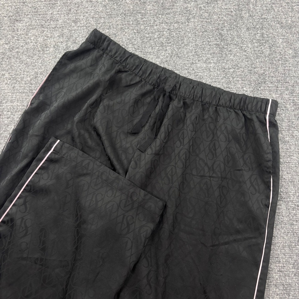 Victoria's Secret Pajama Pants Large Black Monogram Satin Pink Piping Women's